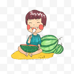 吃西瓜的小孩手绘卡通PNG免抠