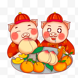 新年快乐可爱小猪图片_卡通手绘新年吃水果的两只可爱小