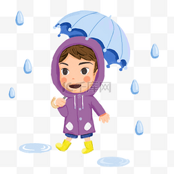 雨天卡通海报图片_雨天穿紫色雨衣打伞的小男孩卡通