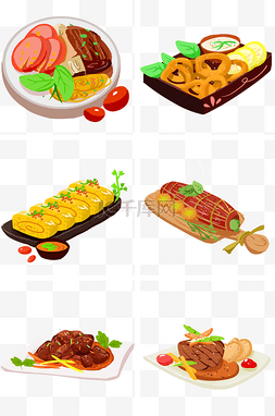 西式面包手绘图片_美味西式料理牛排寿司手绘插画