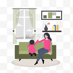 温馨家居沙发图片_卡通插画风房间里的母女