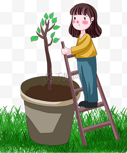 一起植树图片_植树节一起种树少女插画