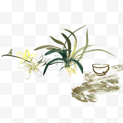 茶香图片_兰花与茶水彩画PNG免抠素材