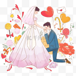 情侣婚纱求婚图片_情人节情侣结婚亲吻手绘插图