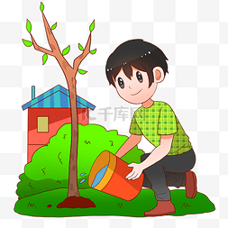 植树节给树浇水的小男孩