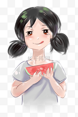 夏天吃西瓜的女孩手绘插画