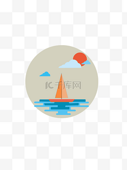 扁平风自然湖水帆船太阳云彩插图