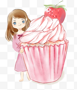 手绘女孩草莓图片_纸杯草莓蛋糕女孩可爱插画