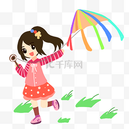 彩色的草地图片_放彩色伞形风筝的女孩