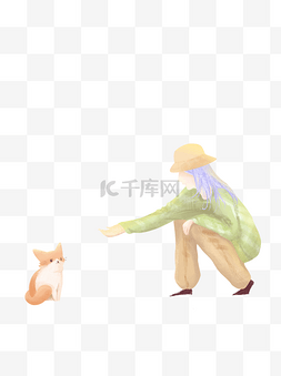 下清新插画图片_水彩清新女孩与猫人宠温馨场景