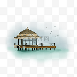 手绘旅行插图图片_旅游季手绘海边茅草屋
