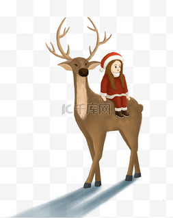 手绘小清新麋鹿图片_圣诞节骑麋鹿的女孩卡通插画