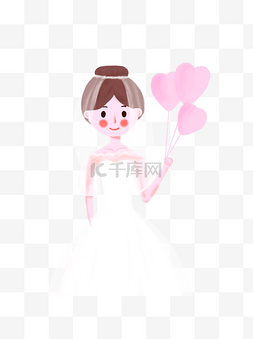 q版可爱新娘图片_Q版拿着粉色爱心气球的新娘
