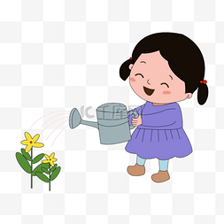 卡通儿童画正在给花浇水的女孩