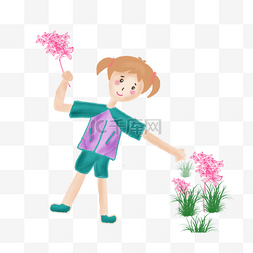 拿鲜花的小女孩图片_花丛中采花的小姑娘