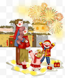 红色背景烟花图片_卡通手绘厚涂欢庆家人团聚看烟花