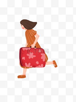 拿着红色行李箱奔跑的女子