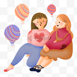 热气球卡通人物图片_卡通手绘升起的热气球和可爱女孩