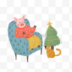 可爱猪与猫咪过圣诞