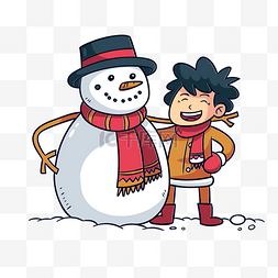 冬天雪地开心堆雪人的男孩