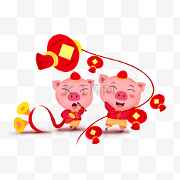 恭喜发财猪年吉祥图片_猪年主题卡通插画两个猪猪过大年