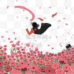 红色的花丛图片_小女孩在花丛中跳跃免抠图