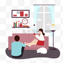 坐沙发的女人图片_卡通插画风沙发上喝咖啡的女人