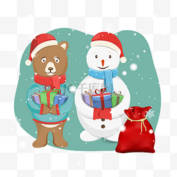 圣诞节冬季冬天插画圣诞雪人小熊
