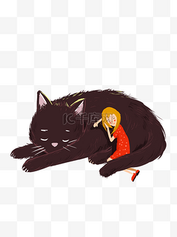 治愈系插画靠着猫咪睡觉的女生可