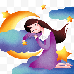 女孩睡觉的插画图片_趴在云朵上睡觉的女孩插画