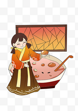 腊八节传统节日图片_腊八节美丽姑娘喝粥插画