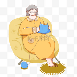简约的沙发图片_重阳节手绘温馨织毛衣的奶奶免抠