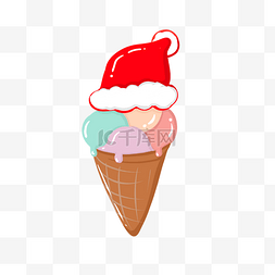冰激凌球甜筒图片_戴圣诞帽的圣诞节奶油冰激凌甜筒