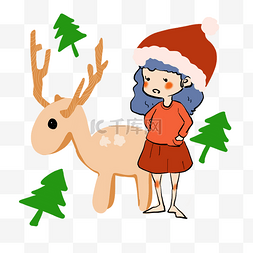 圣诞节小女孩和鹿可爱手绘插画