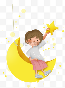 吊着月亮图片_儿童节拿着星星的女孩