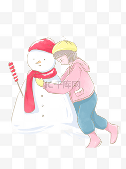 靠着抱枕的女孩图片_小清新靠着雪人的女孩设计可商用
