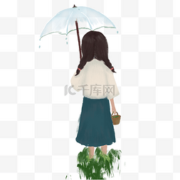 雨中撑着伞漫过草地的小女孩背影