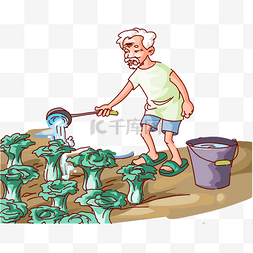 灌溉图片_浇灌菜地的老大爷卡通形象