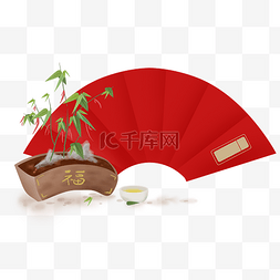 国风文字框图片_春节竹子红色扇形文字框
