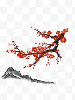 水墨中国风红图片_中国风手绘花卉分层插画梅花素材