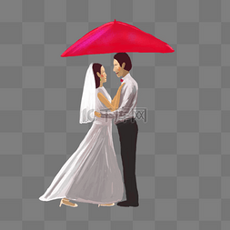 一对撑着红伞结婚的新人免抠图