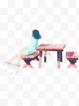 手绘坐在餐桌旁玩水的女孩侧影