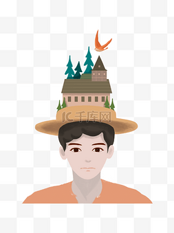 帽子图案设计图片_幻想帽子上建房子的男孩图案元素