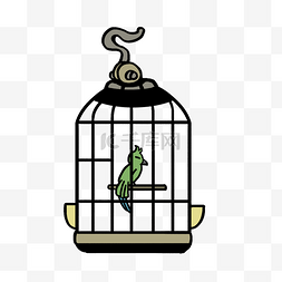 卡通鸟笼里的绿色小鸟