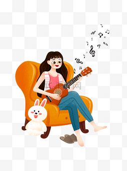 百题图片_手绘可爱女孩弹吉他唱歌元素