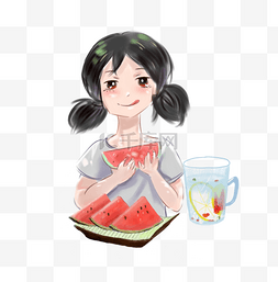 水果海报广告图片_夏天女孩吃西瓜清凉主题插画