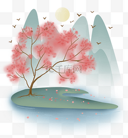 水墨中国风河流图片_春天中国风桃花树和山峰