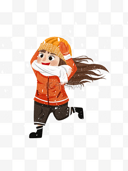 冬季卡通女孩图片_风雪中奔跑的可爱小女孩元素
