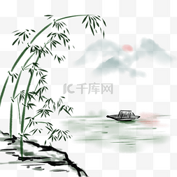 中国风落日图片_中国风水彩山水插画