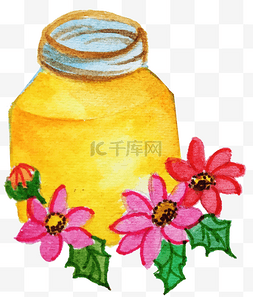美味的蜂蜜图片_水彩鲜花围着的蜂蜜瓶插画